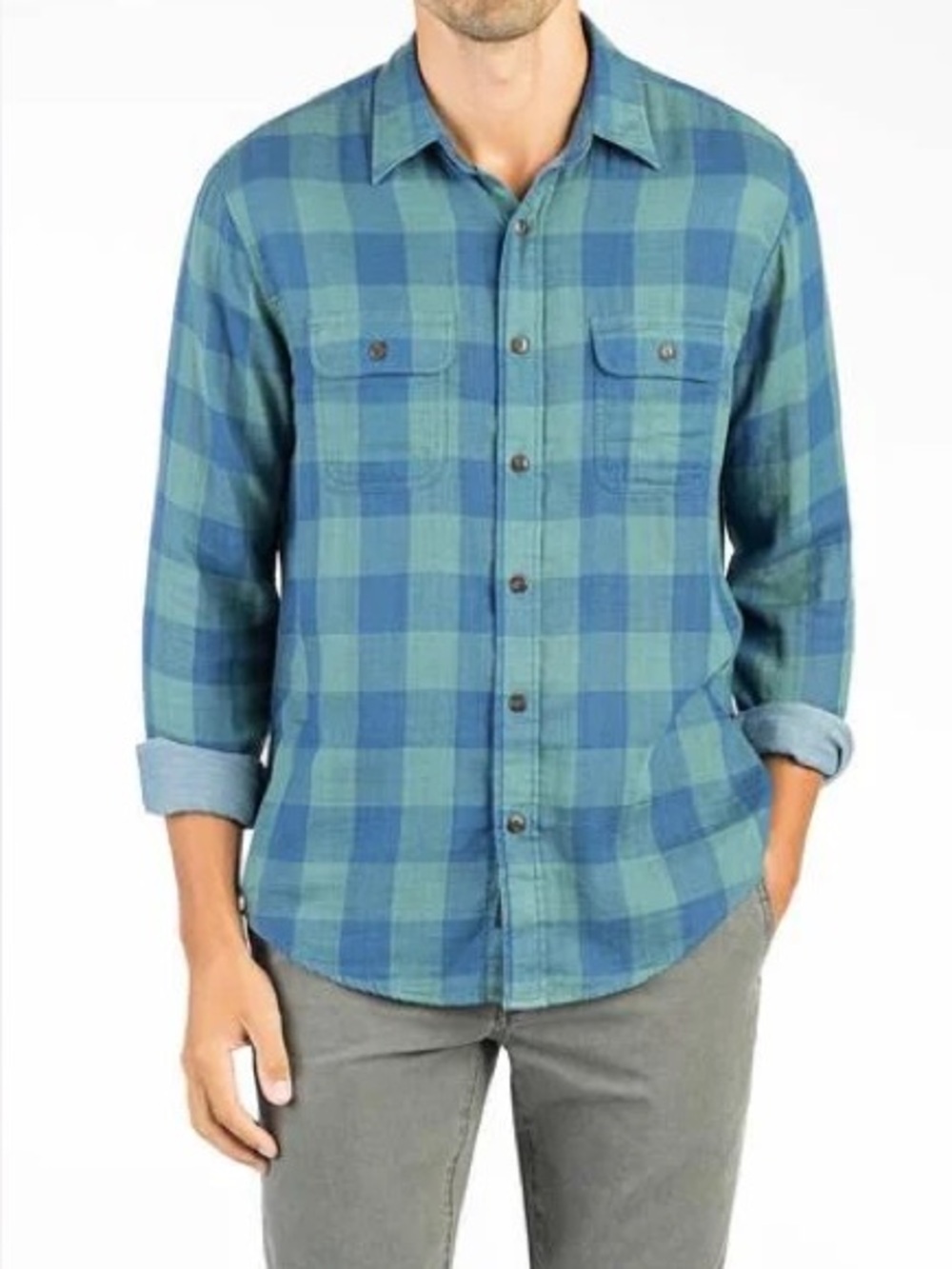 Faherty Double Cloth Buffalo Check Shirt Men’s Large Blue Green Plaid Lightweigh